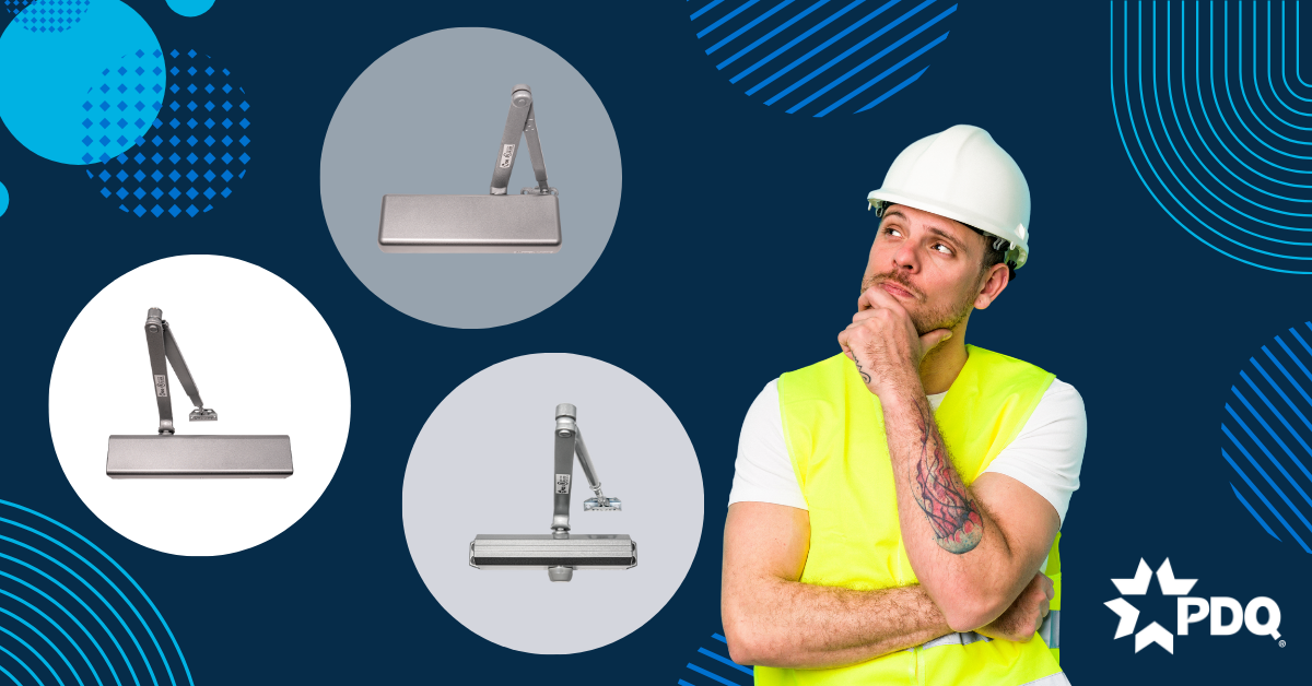 Contractor in a hard hat and safety vest considering three PDQ surface-mounted door closer models