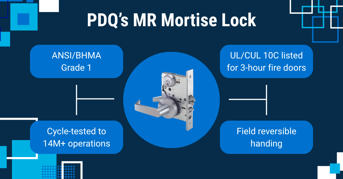 Infographic on PDQ's MR mortise lock highlighting ANSI/BHMA Grade 1 rating, UL/CUL 10C listing for 3-hour fire doors, cycle testing to 14 million-plus operations, and field reversible handing