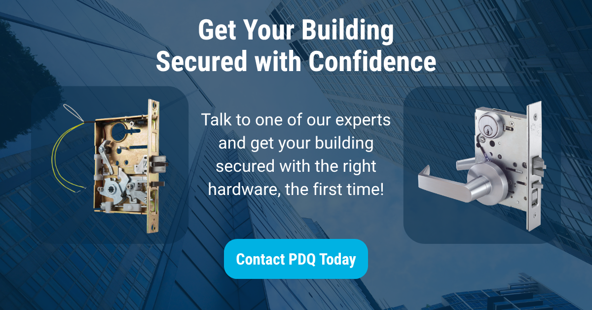 PDQ call-to-action graphic reading "Get Your Building Secured with Confidence, talk to one of our experts" with a Contact PDQ Today button, featuring mortise lock case and electrified mortise lock mechanism product images over a city skyline