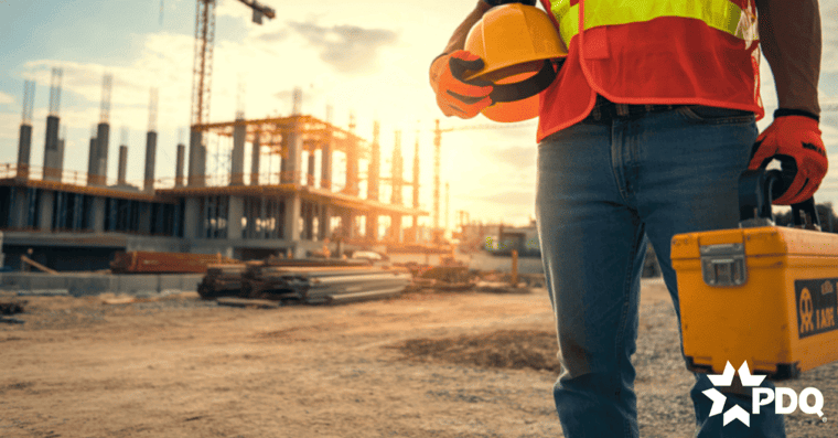 Construction worker with building in background and PDQ logo in bottom right corner