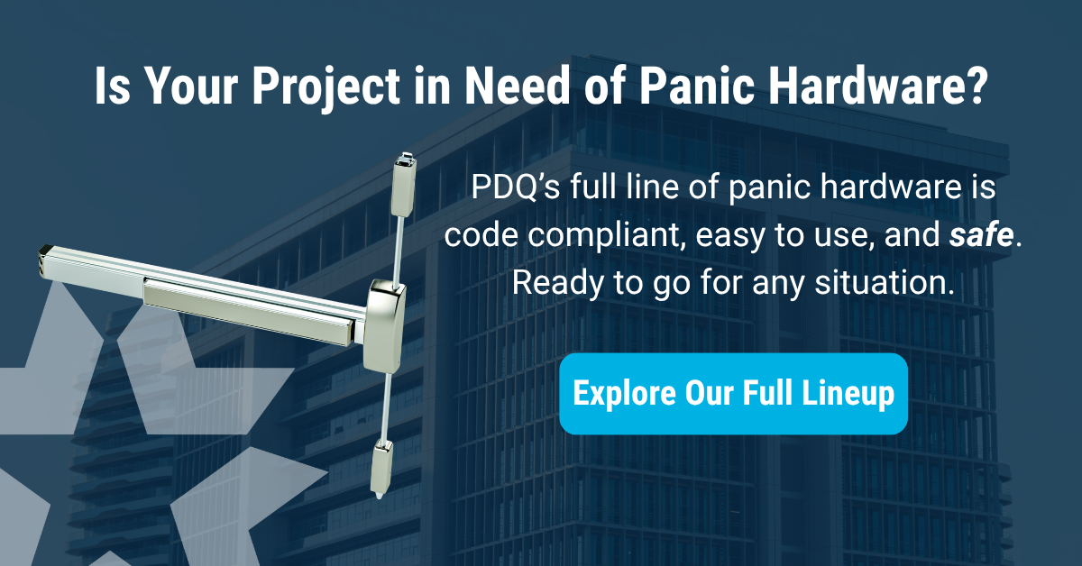 PDQ panic hardware promotional banner reading 'Is Your Project in Need of Panic Hardware?' with an image of a rim exit device and a blue 'Explore Our Full Lineup' call-to-action button.
