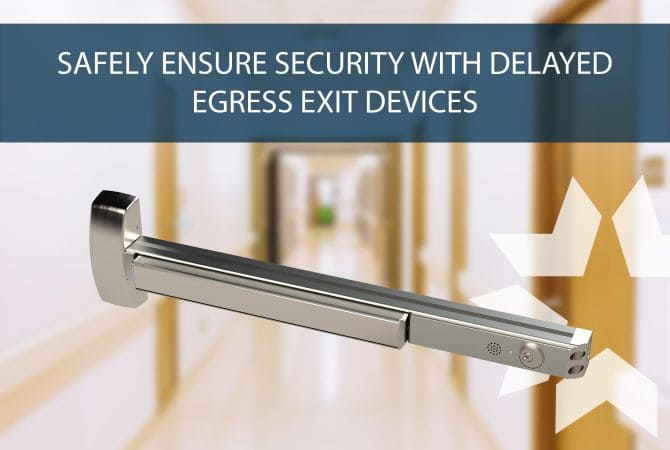 Delayed egress exit device with a school hallway as a background image.