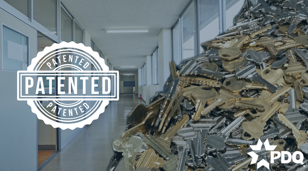 Patented logo with a school hallway and a pile of keys stacked up to symbolize patented keying systems.