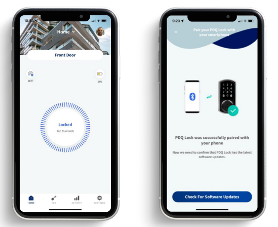 Two smartphone screens showing the PDQ Lock app: the left screen displays the 'Front Door' lock status as Locked with Wi-Fi and battery indicators; the right screen confirms successful Bluetooth pairing between the phone and a PDQ smart lock, with a button to check for software updates.