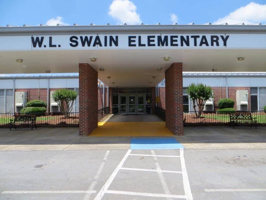 Front entrance of W.L. Swain Elementary School, with the school name in large lettering above a covered walkway with brick columns leading to glass double doors, flanked by benches and shrubs under a bright blue sky.