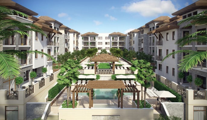 Rendering of Naples Square, a resort-style courtyard framed by four-story Mediterranean-inspired residential buildings with balconies, featuring a central pool with wooden pergolas, lounge chairs, palm trees, and landscaped walkways under a blue sky.