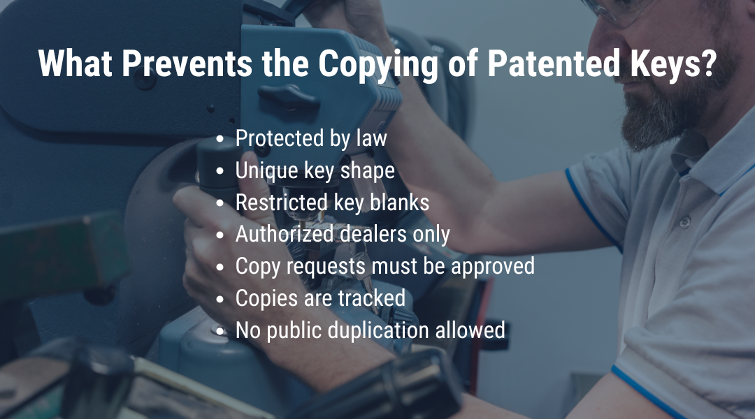A list descripting what prevents the copying of patented keys.